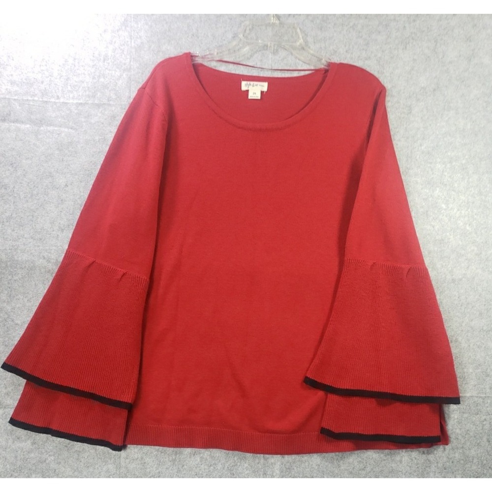 Style & Co Plus Size 2X Red Sweater Bell Sleeve Tiered Cuff Knit Top Black Trim